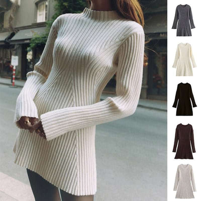 Fashion Solid Ribbed Knitted Dress Fall And Winter Slim - fit Stand - up Collar A - line Dresses Women's Clothing - Nicole's Dreamer Creations