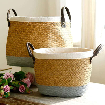 Pastoral Handmade Seagrass Basket Painted Linen Edge Flower Pot PU Handle Braided Basket Rattan Woven Basket Big Laundry Basket - Nicole's Dreamer Creations