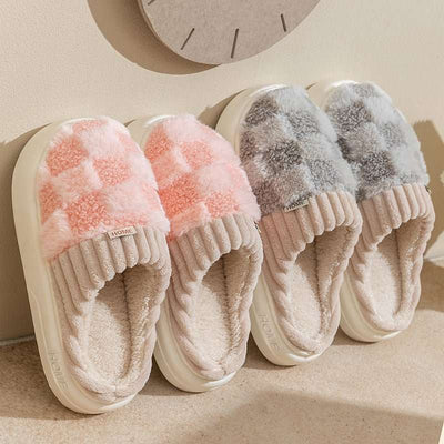 Plaid Plush Slippers Women's Indoor Plush Home Slippers Soft Sole Thick Non - Slip Warm House Shoes Couple Autumn And Winter - Nicole's Dreamer Creations