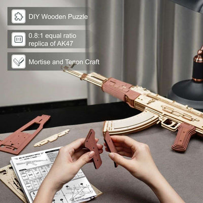 Robotime Rokr Automatic Rifle AK - 47 3D Wooden Assembly Gun Double Firing Modes Funny DIY Toys For Kids Adults Justice Guar LQ901 - Nicole's Dreamer Creations